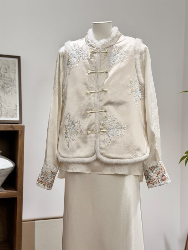 Ženska vesta u kineskom stilu s izvezanim cvjetnim motivom, stojeći ovratnik, prednje kopčanje s kopčama