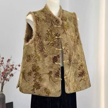 Ženska vesta kineskog stila, okrugli ovratnik, cvjetni uzorak, opuštena silueta, poliester 95%+