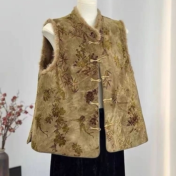 Ženska vesta kineskog stila, okrugli ovratnik, cvjetni uzorak, opuštena silueta, poliester 95%+
