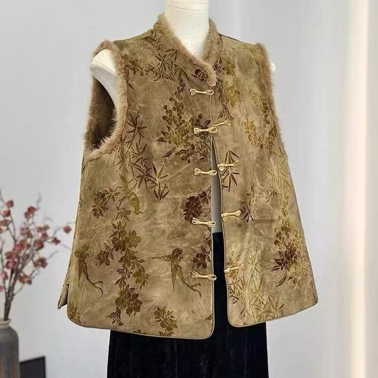 Ženska vesta kineskog stila, okrugli ovratnik, cvjetni uzorak, opuštena silueta, poliester 95%+