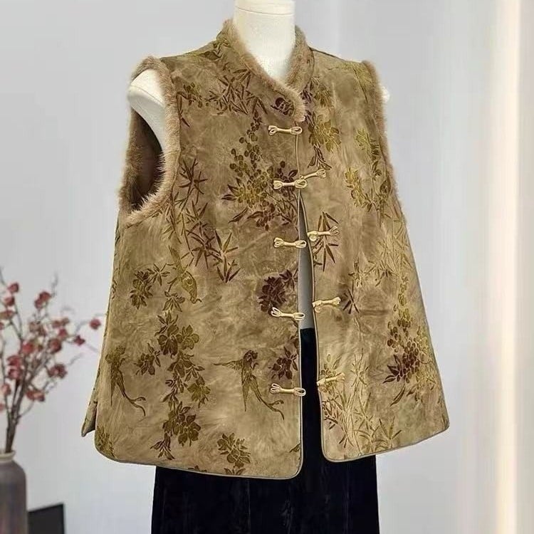Ženska vesta kineskog stila, okrugli ovratnik, cvjetni uzorak, opuštena silueta, poliester 95%+