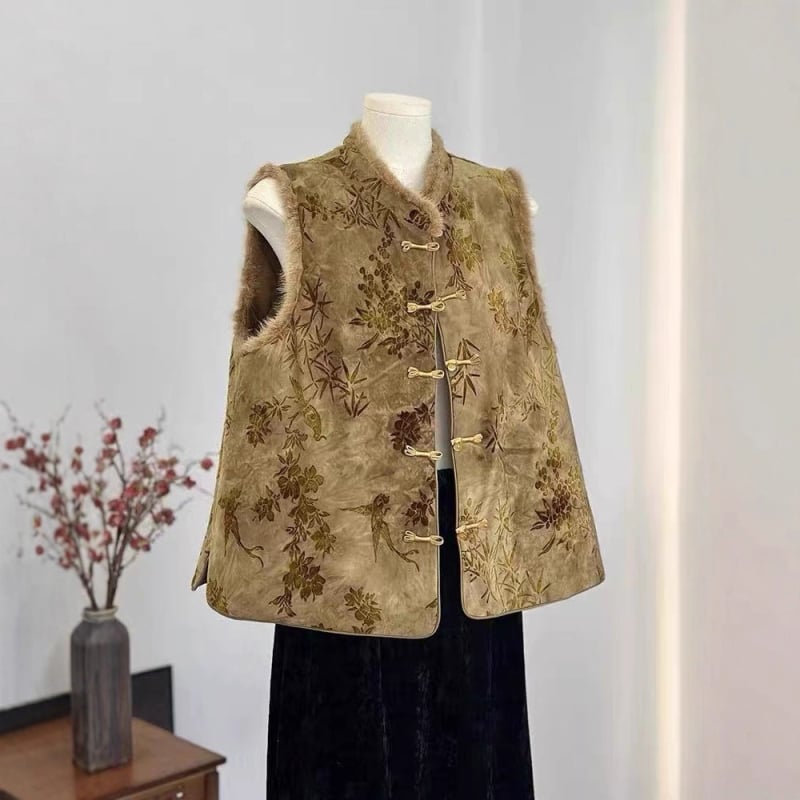 Ženska vesta kineskog stila, okrugli ovratnik, cvjetni uzorak, opuštena silueta, poliester 95%+