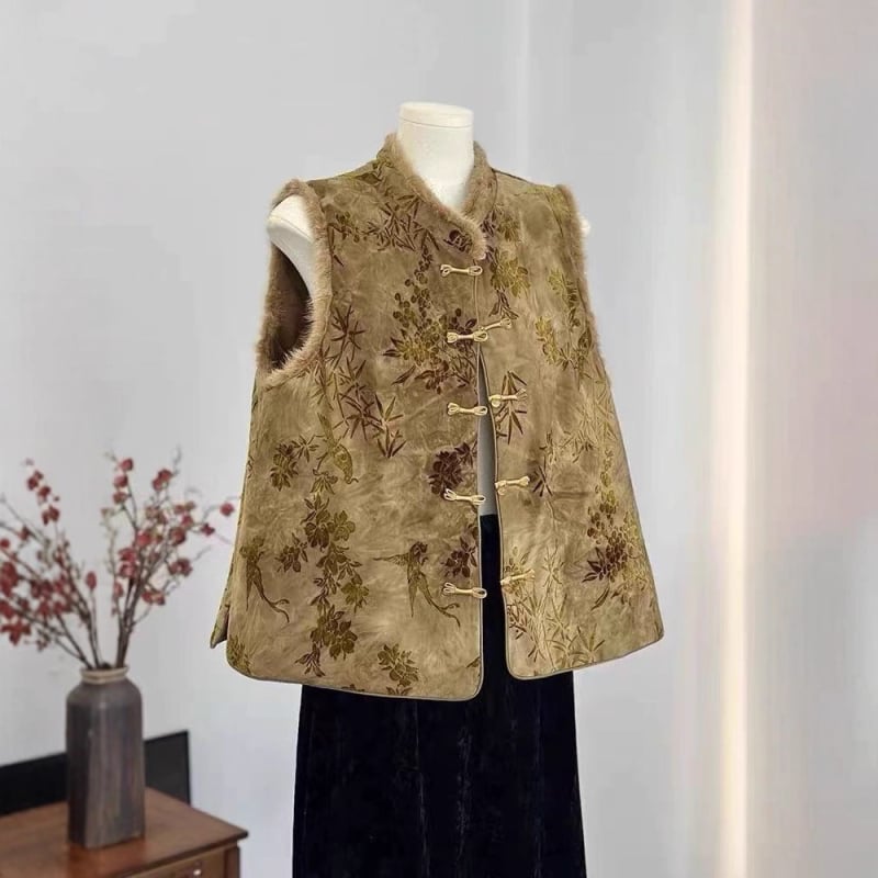 Ženska vesta kineskog stila, okrugli ovratnik, cvjetni uzorak, opuštena silueta, poliester 95%+
