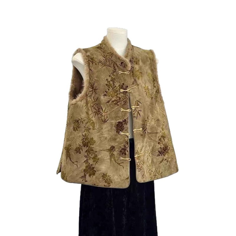 Ženska vesta kineskog stila, okrugli ovratnik, cvjetni uzorak, opuštena silueta, poliester 95%+