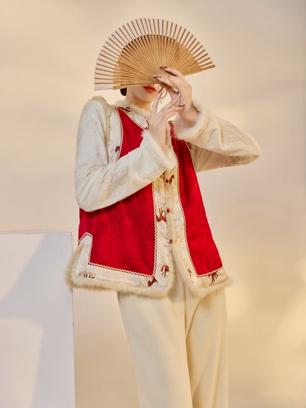 Ženska obostrana vesta od mink krzna, patchwork stil, punilo od pamuka, uzorak ponija