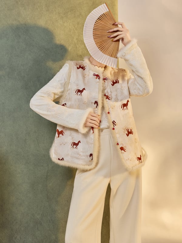 Ženska obostrana vesta od mink krzna, patchwork stil, punilo od pamuka, uzorak ponija