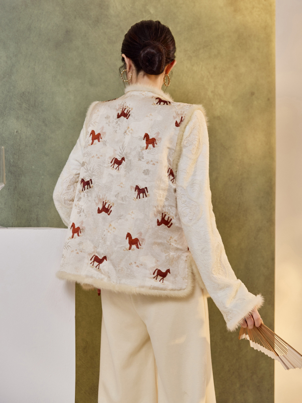 Ženska obostrana vesta od mink krzna, patchwork stil, punilo od pamuka, uzorak ponija