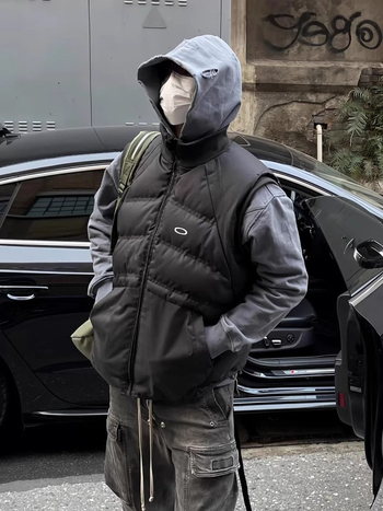 Muška vest s stojećim ovratnikom, fleec podloga, vanjski pamuk materijal, slobodan kroj, japanski radni stil