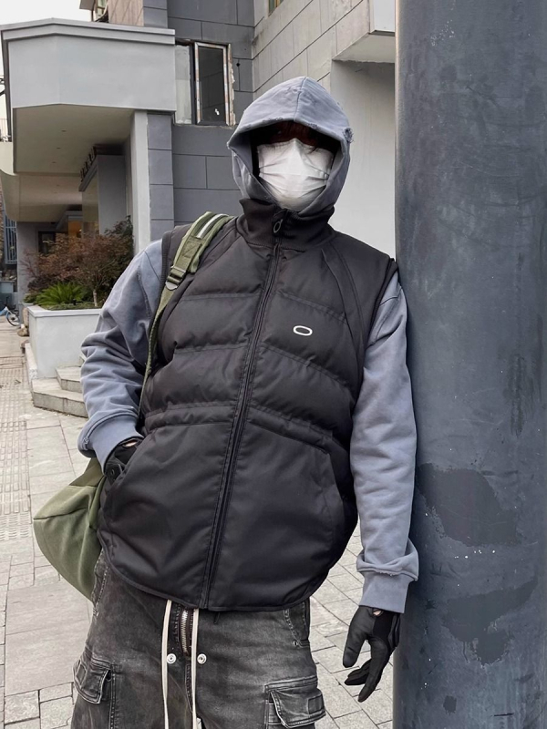 Muška vest s stojećim ovratnikom, fleec podloga, vanjski pamuk materijal, slobodan kroj, japanski radni stil