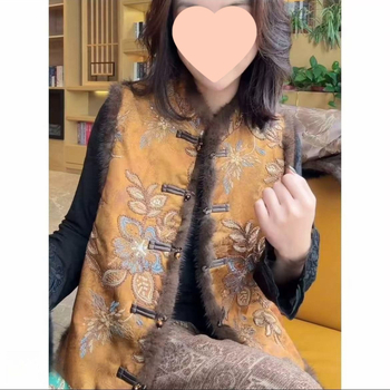 Ženska vesta u stilu Tang, jacquard uzorak, V-izrez, punjenje od vune, glavna tkanina rayon