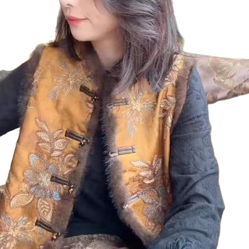 Ženska vesta u stilu Tang, jacquard uzorak, V-izrez, punjenje od vune, glavna tkanina rayon