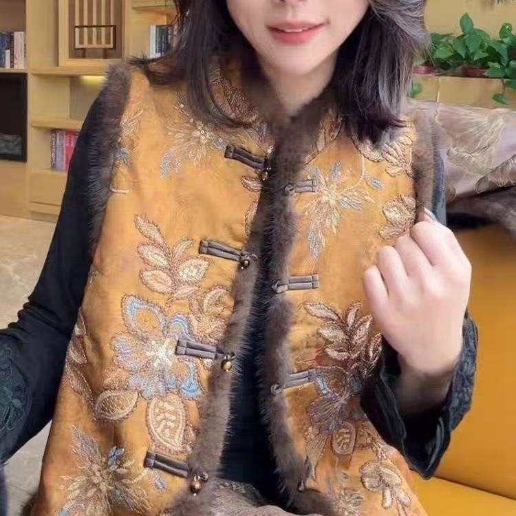 Ženska vesta u stilu Tang, jacquard uzorak, V-izrez, punjenje od vune, glavna tkanina rayon