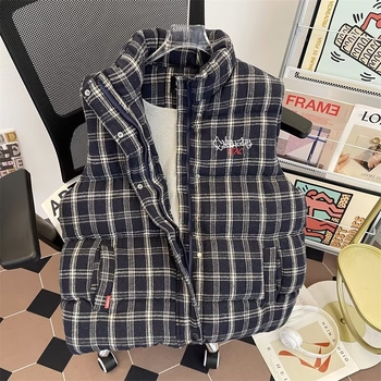 Koreai stílusú kockás ujjatlan mellény poliészter külsővel, pamut töltéssel, álló gallér, kényelmes szabás, téli modell 2025