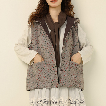 Pamut mellény kapucnival, virágos mintázat, laza szabás, Mori Girl erdő stílus, fő anyag: 95% pamut.