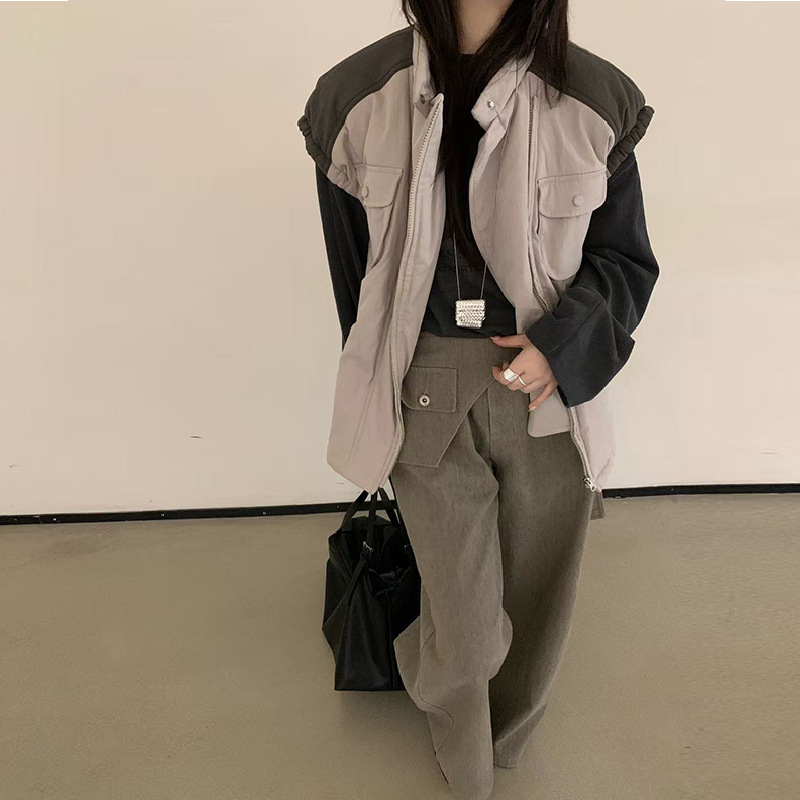 Koreai-stílusú téli 2025 pamut mellény álló gallérral, cipzárral, pamut-nylon keverék (50-70% pamut), töltet pamut