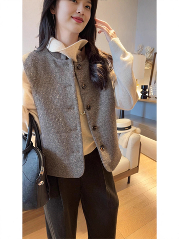 Ženski bezrukavni vuneni prsluk, šiven s stojećim ovratnikom, šljokice, punilo od imitacije svile-pamuka, jednostruko kopčanje, za žene — zima 2025