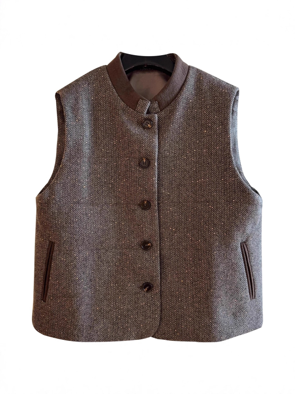 Ženski bezrukavni vuneni prsluk, šiven s stojećim ovratnikom, šljokice, punilo od imitacije svile-pamuka, jednostruko kopčanje, za žene — zima 2025