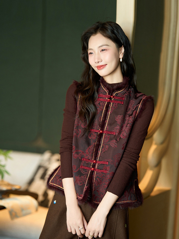 Gilet od Silk Song Brocade sa stojećim ovratnikom, jacquard tkanina, podstava od imitacije svile i pamuka, tri gumba, kineski retro stil