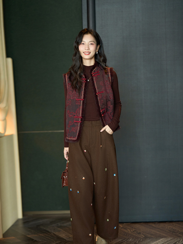 Gilet od Silk Song Brocade sa stojećim ovratnikom, jacquard tkanina, podstava od imitacije svile i pamuka, tri gumba, kineski retro stil