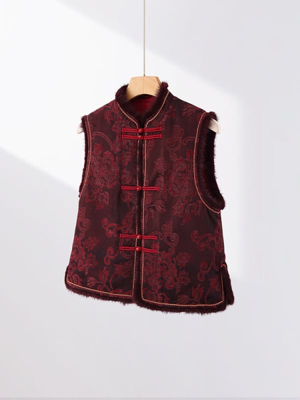 Gilet od Silk Song Brocade sa stojećim ovratnikom, jacquard tkanina, podstava od imitacije svile i pamuka, tri gumba, kineski retro stil