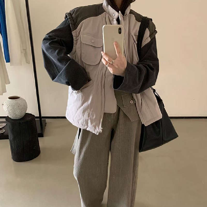 Női pamut mellény koreai stílusban, ujjatlan, álló gallér, cipzár