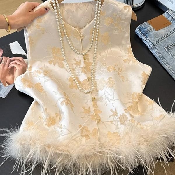 Ženski žakard bez rukava vest (okrugli izrez, opušten kroj, poliester materijal, poliester punjenje, zima 2025)