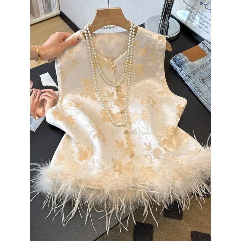 Ženski žakard bez rukava vest (okrugli izrez, opušten kroj, poliester materijal, poliester punjenje, zima 2025)