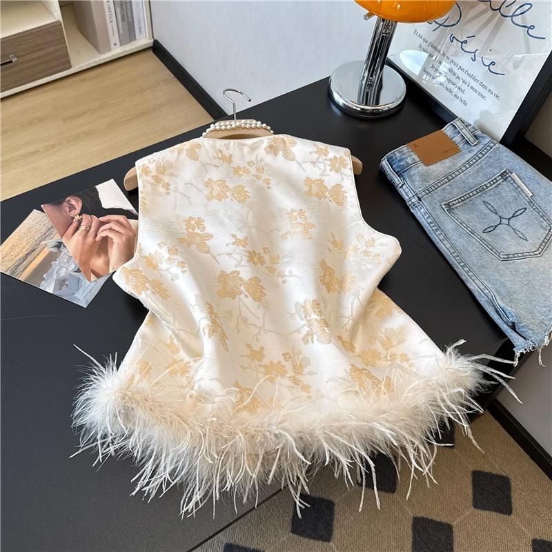 Ženski žakard bez rukava vest (okrugli izrez, opušten kroj, poliester materijal, poliester punjenje, zima 2025)