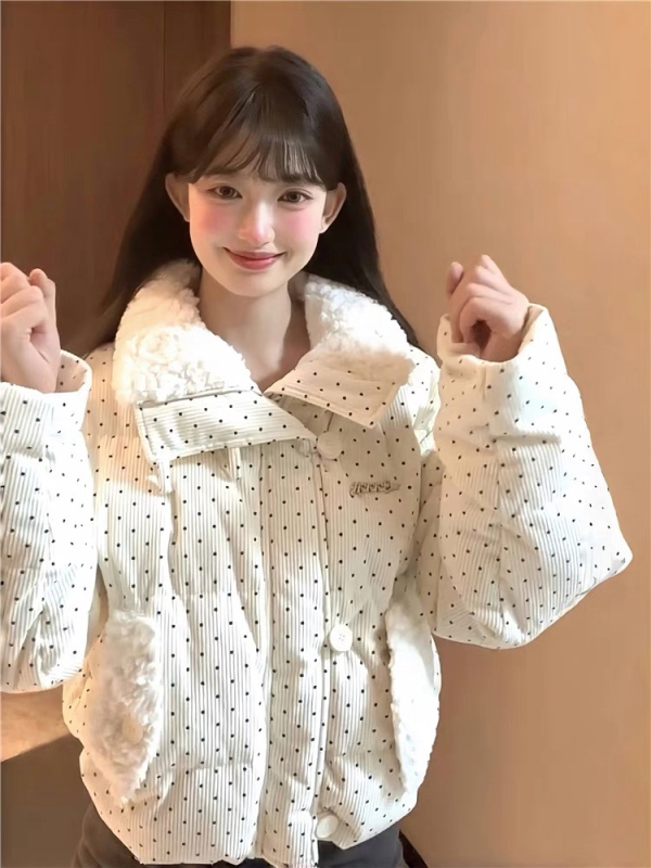 Női rövid kabát poliészter-pamut töltettel, poliészter anyag, magas gallér, cipzáras záródás, koreai stílus, ultra vékony, mintázat: szöveg (Téli szezon 2025)