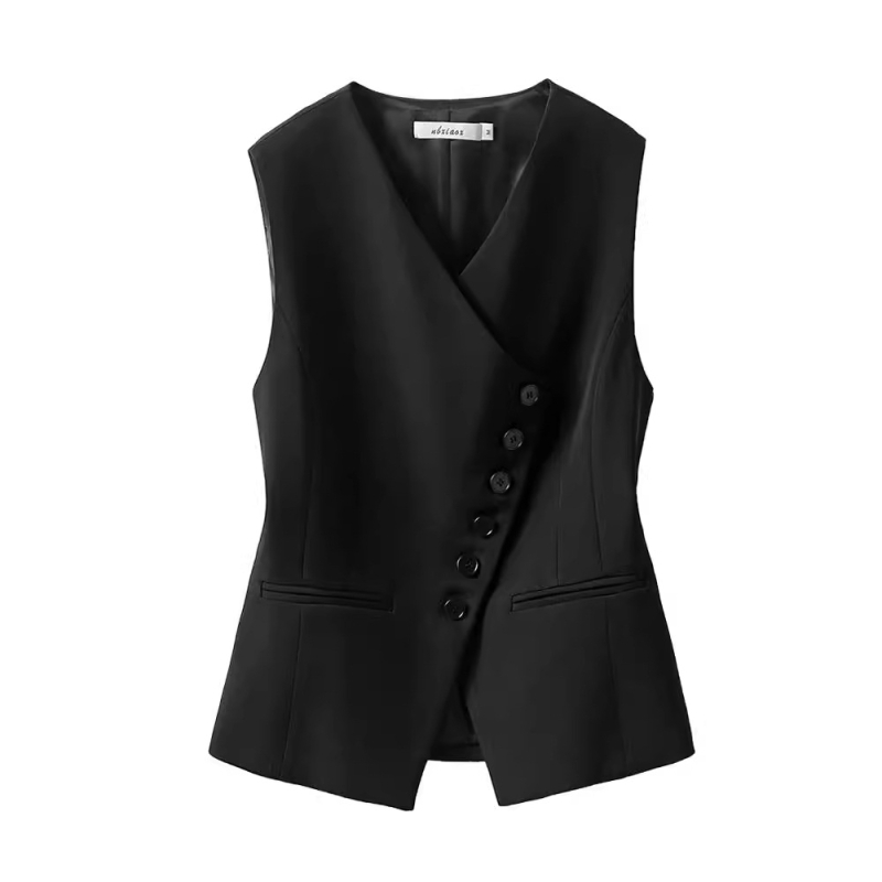 Dámska vesta s V výstrihom, štíhla línia, nepravidelný dizajn, výplň polyester-bavlna, gombíky v jednom rade, 95% polyester, jar 2024