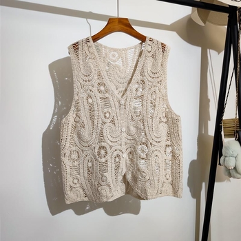 Női ujjatlan kardigán-vest áttört kötésekkel, V-nyak, 95% pamut, japán-koreai lazább stílus, tavasz 2025