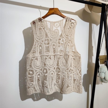 Női ujjatlan kardigán-vest áttört kötésekkel, V-nyak, 95% pamut, japán-koreai lazább stílus, tavasz 2025