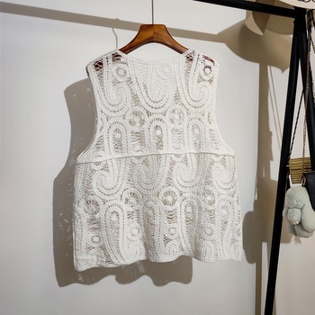 Női ujjatlan kardigán-vest áttört kötésekkel, V-nyak, 95% pamut, japán-koreai lazább stílus, tavasz 2025