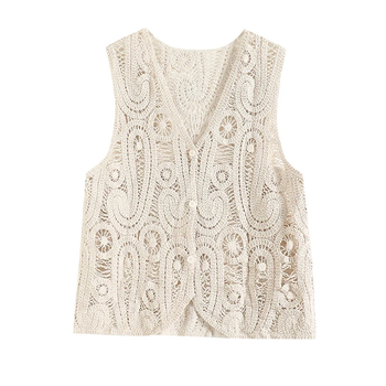 Női ujjatlan kardigán-vest áttört kötésekkel, V-nyak, 95% pamut, japán-koreai lazább stílus, tavasz 2025