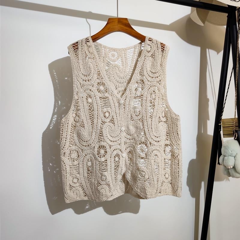 Női ujjatlan kardigán-vest áttört kötésekkel, V-nyak, 95% pamut, japán-koreai lazább stílus, tavasz 2025