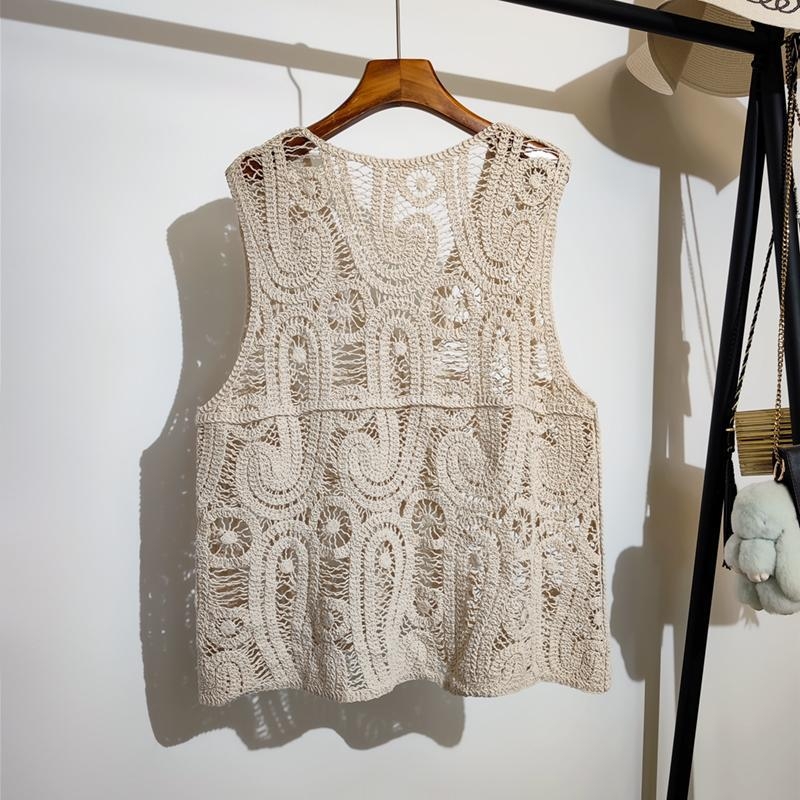 Női ujjatlan kardigán-vest áttört kötésekkel, V-nyak, 95% pamut, japán-koreai lazább stílus, tavasz 2025