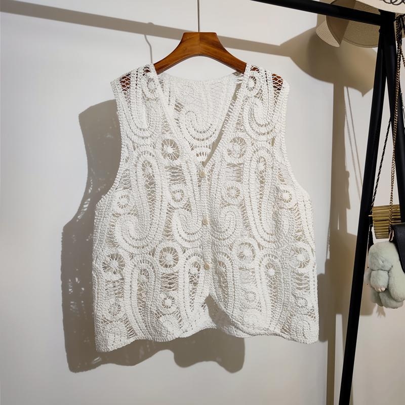 Női ujjatlan kardigán-vest áttört kötésekkel, V-nyak, 95% pamut, japán-koreai lazább stílus, tavasz 2025