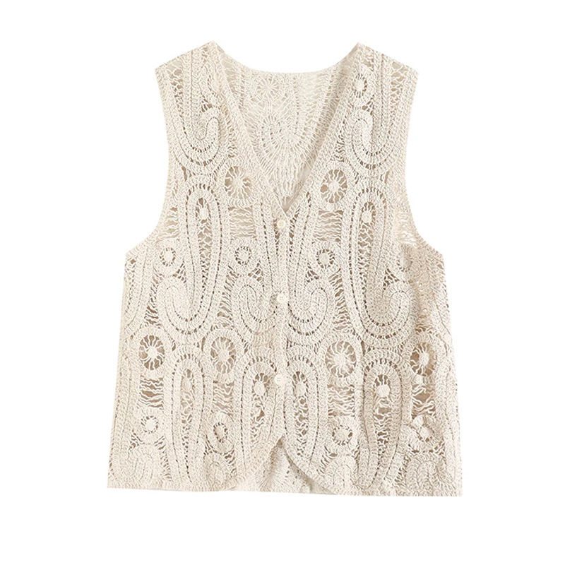 Női ujjatlan kardigán-vest áttört kötésekkel, V-nyak, 95% pamut, japán-koreai lazább stílus, tavasz 2025