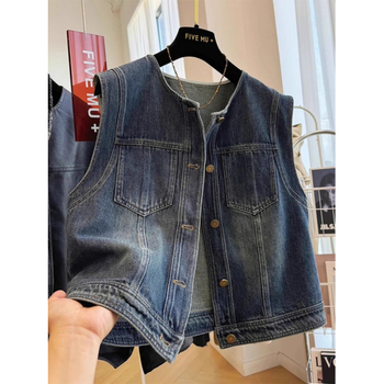 Ženski džins vest-jakna, okrugli izrez, širok kroj, bez rukava, materijal denim/pamuk, proljeće 2025