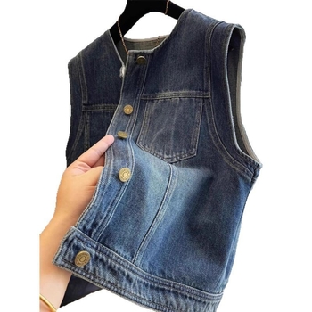 Ženski džins vest-jakna, okrugli izrez, širok kroj, bez rukava, materijal denim/pamuk, proljeće 2025