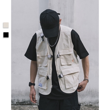 Darba veste ar vairākām kabatām, bez piedurknēm, V kakla, brīvs piegriezums, 100% kokvilna