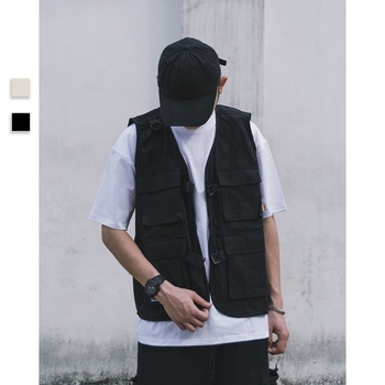 Darba veste ar vairākām kabatām, bez piedurknēm, V kakla, brīvs piegriezums, 100% kokvilna