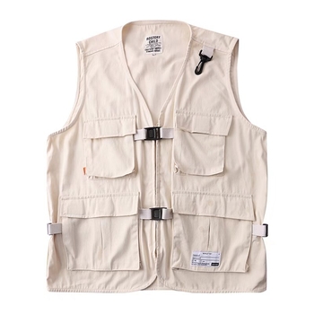 Darba veste ar vairākām kabatām, bez piedurknēm, V kakla, brīvs piegriezums, 100% kokvilna