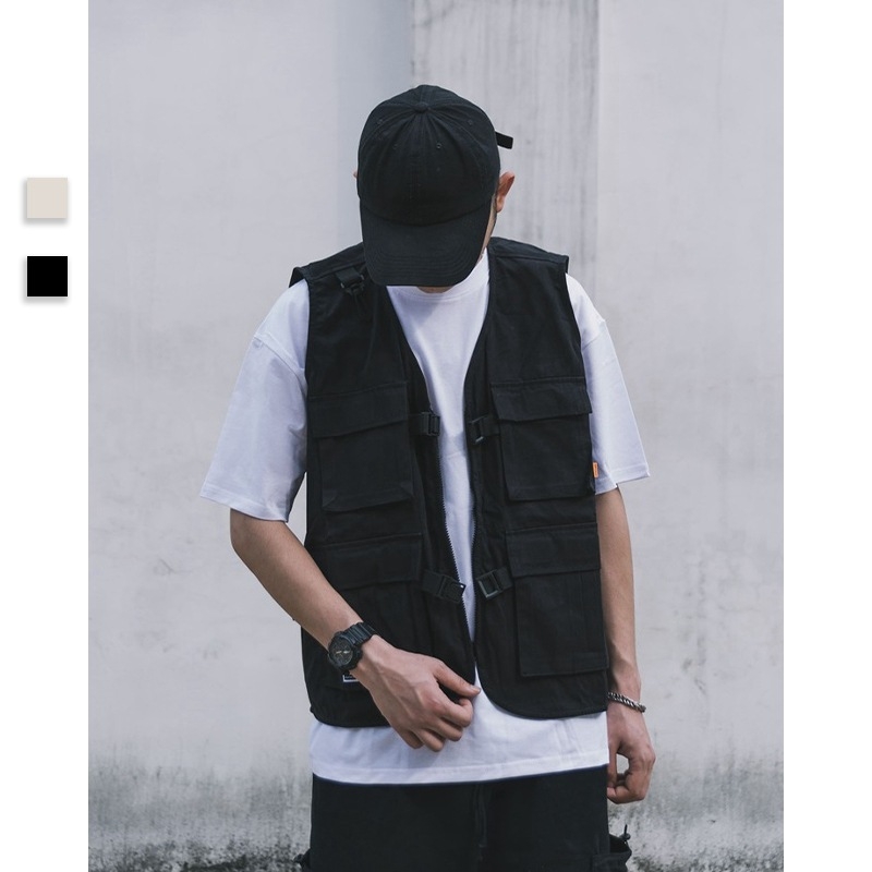 Darba veste ar vairākām kabatām, bez piedurknēm, V kakla, brīvs piegriezums, 100% kokvilna