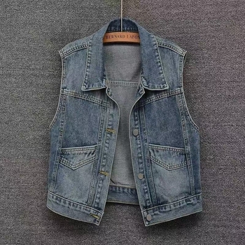 Vintage denim vesta, kratka, bez rukava, mješavina denima i pamuka, jesen 2024