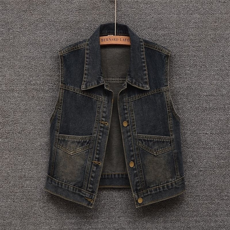 Vintage denim vesta, kratka, bez rukava, mješavina denima i pamuka, jesen 2024