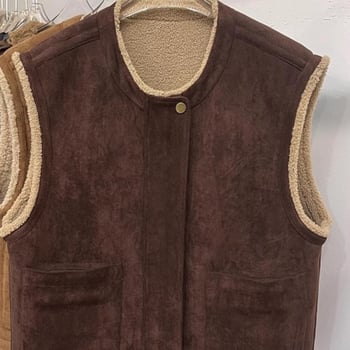 Bez rukava vesta s janjećom kožom, dvostruka, korejskog stila, kratka duljina, prednji zip, ovratnik stila sakoa, chenille tkanina s elastanom, punilo od pamuka