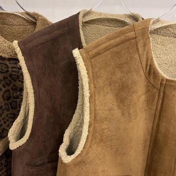Bez rukava vesta s janjećom kožom, dvostruka, korejskog stila, kratka duljina, prednji zip, ovratnik stila sakoa, chenille tkanina s elastanom, punilo od pamuka