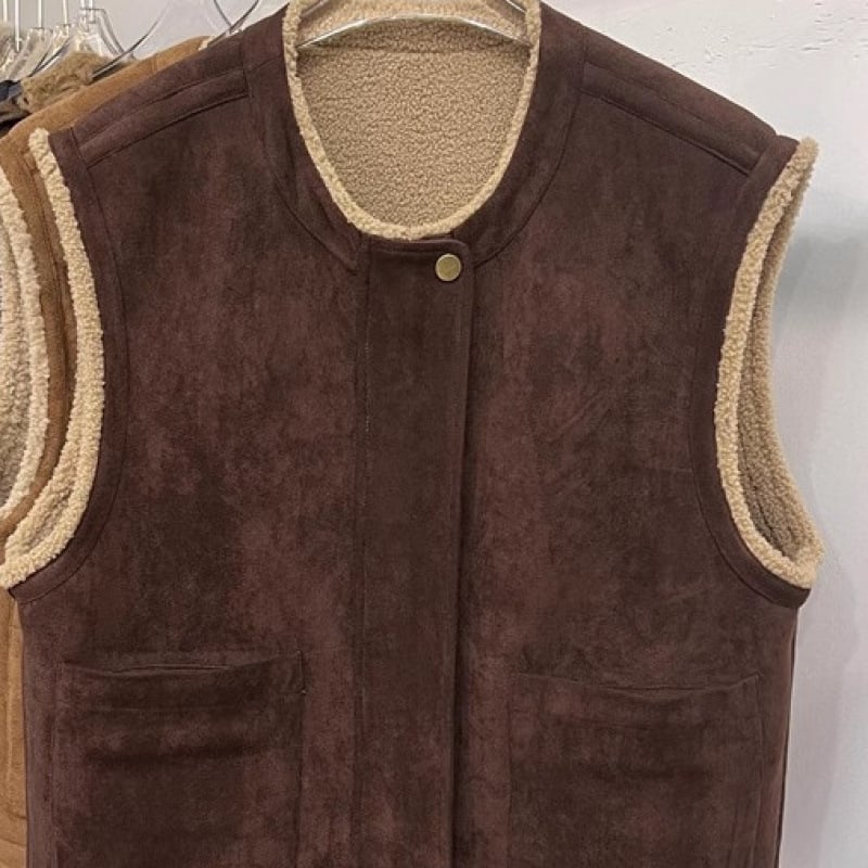 Bez rukava vesta s janjećom kožom, dvostruka, korejskog stila, kratka duljina, prednji zip, ovratnik stila sakoa, chenille tkanina s elastanom, punilo od pamuka
