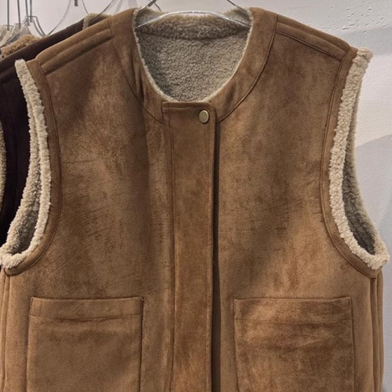 Bez rukava vesta s janjećom kožom, dvostruka, korejskog stila, kratka duljina, prednji zip, ovratnik stila sakoa, chenille tkanina s elastanom, punilo od pamuka